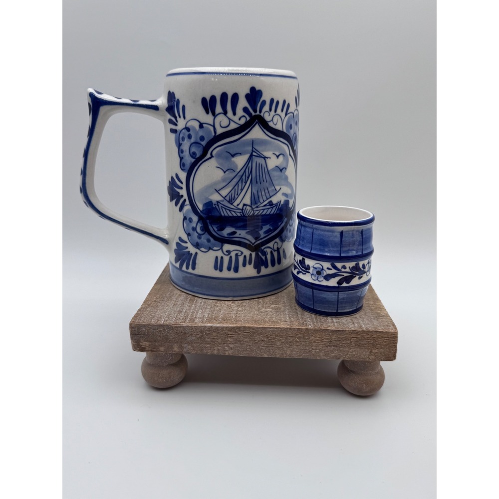 Handpainted Delft Blue Beer Stein and Shot Glass/Toothpick Set WindmillCeramic